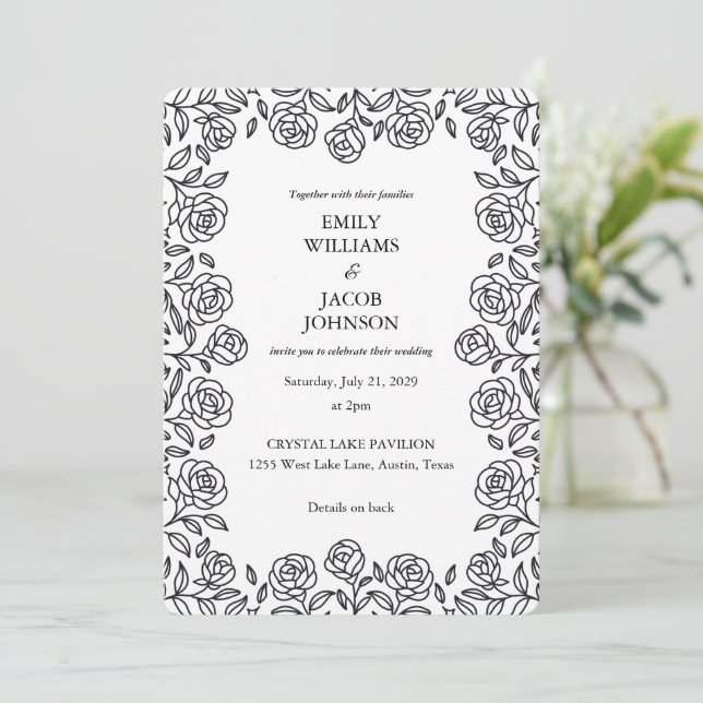 Elegant All in One Floral Black & White Wedding Invitation (Standing Front)