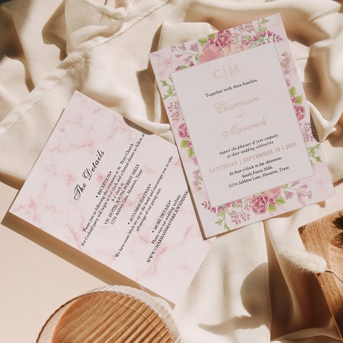 Elegant All_in_one Floral Rose Gold Wedding  Foil Invitation
