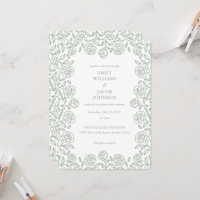 Elegant All in One Floral Sage & White Wedding Invitation (Front/Back In Situ)