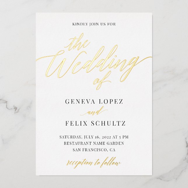 Elegant All in One Gold Foil Hand Lettered Script  Invitation (Front)
