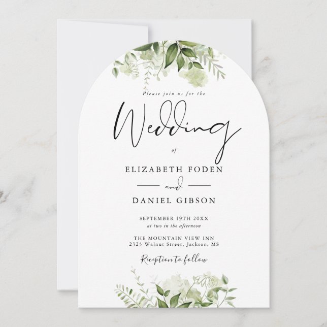 Elegant All In One Greenery Floral Arch Wedding Invitation (Front)