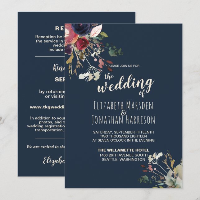 Elegant All In One Navy Burgundy Rose Gold Wedding Invitation (Front/Back)