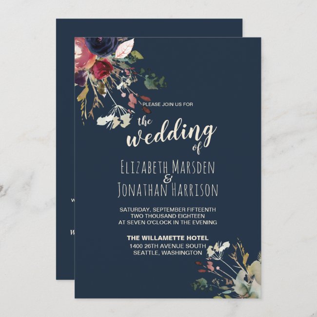 Elegant All In One Navy Burgundy Rose Gold Wedding Invitation