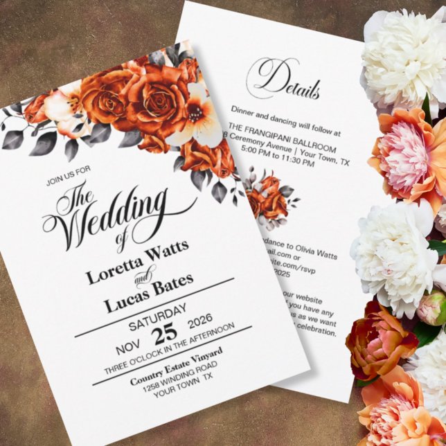 Elegant All In One Orange Rose Floral Wedding Invitation (Creator Uploaded)