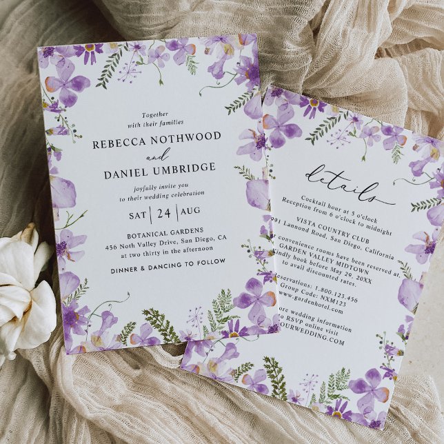 Elegant All in One Rustic Lilac Flowers Wedding Invitation (Creator Uploaded)
