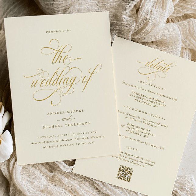Elegant All in One Wedding Cream Gold Wedding Invitation (Elegant Cream and Gold Calligraphy Wedding Invitations - Luxury Glam Swirly Gold Calligraphy)
