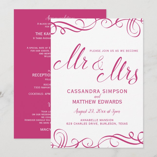 Elegant All in One Wedding Invitations | Hot Pink (Front/Back)