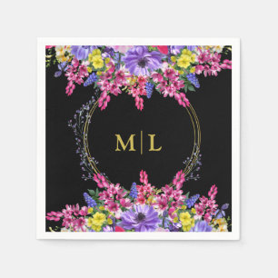 Elegant All Occasion Monogram Black Multi Floral  Napkins