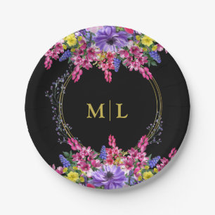 Elegant All Occasion Monogram Black Multi Floral Paper Plates