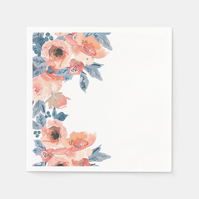 Elegant All Occasion Peach and Blue Roses Floral Napkins (Front)