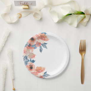 Elegant All Occasion Peach and Blue Roses Floral Paper Plates