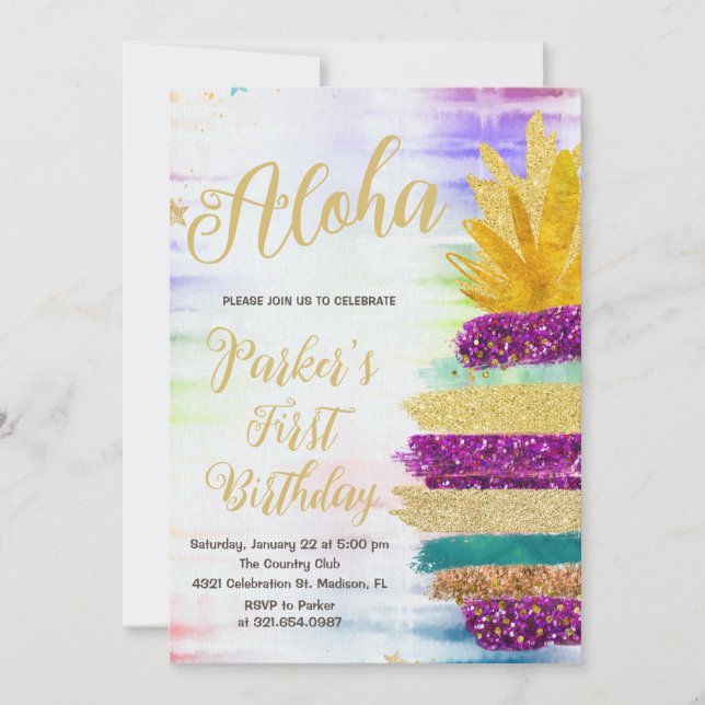 Elegant Aloha Purple Rainbow Pineapple Birthday Invitation (Front)