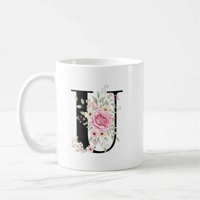 Elegant Alphabet Coffee Cup with Pink Rose Design (Left)