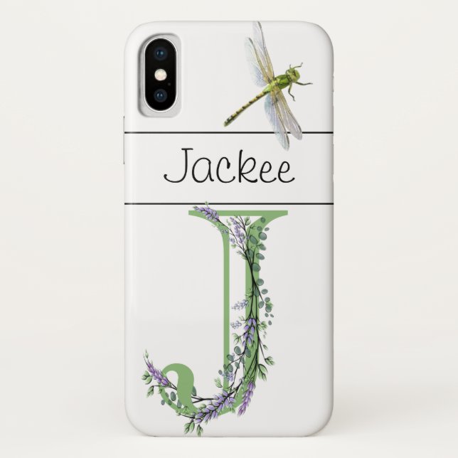 Elegant alphabet J Lavender Eucalyptus Dragonfly Case-Mate iPhone Case (Back)
