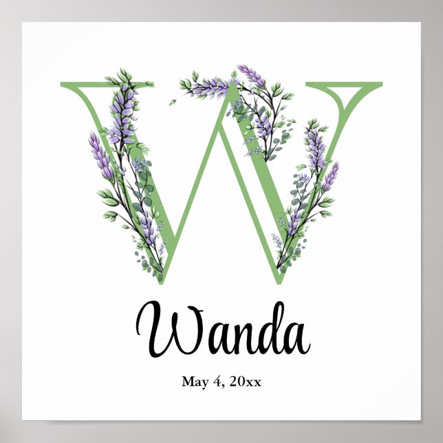 Elegant alphabet letter W Lavender Eucalyptus  Poster (Front)