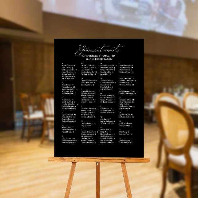 Elegant Alphabetical Black Wedding Seating Foam Board (Convenient and organized wedding seating chart with alphabetical name arrangement.)