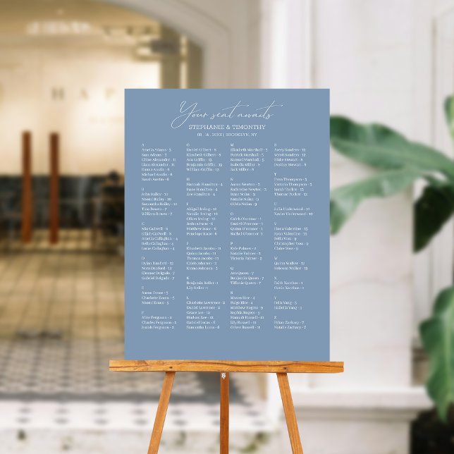 Elegant Alphabetical Dusty Blue Wedding Seating Foam Board (Convenient and organized wedding seating chart with alphabetical name arrangement.)