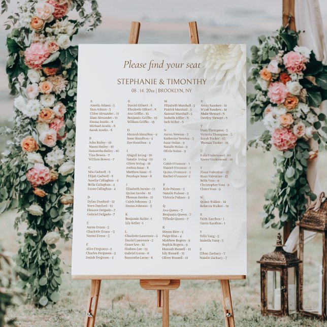 Elegant Alphabetical Floral Wedding Seating Chart Foam Board (Ensure your guests can easily find their seats with our alphabetically organized guest list chart.)