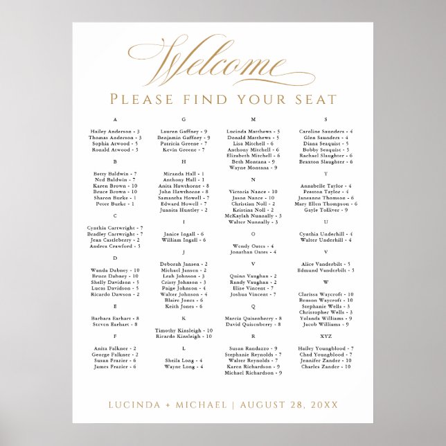 Elegant Alphabetical Seating Chart for 100 Guests (Front)