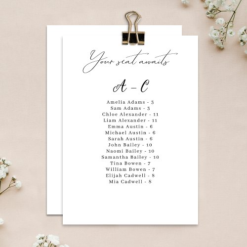 Elegant Alphabetical Wedding Guest Seating Card