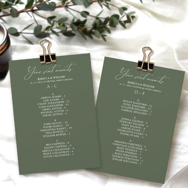 Elegant Alphabetical Wedding Seating Chart Card (Convenient and organized wedding seating chart with alphabetical name arrangement.)