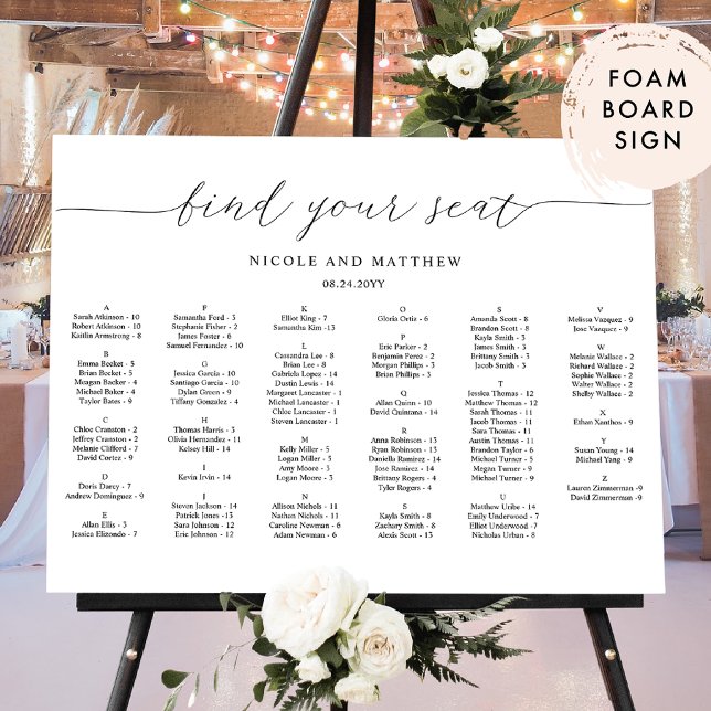 Elegant Alphabetical Wedding Seating Chart Foam Board (Creator Uploaded)