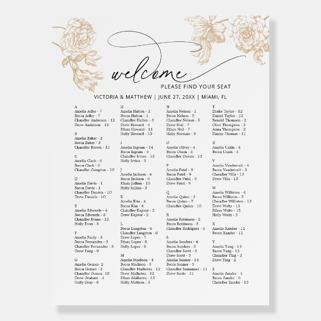Elegant Alphabetical Wedding Seating Charts Foam Board (Front)