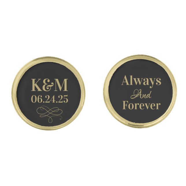 Elegant Always and Forever Wedding Gold Monogram Cufflinks (Front)