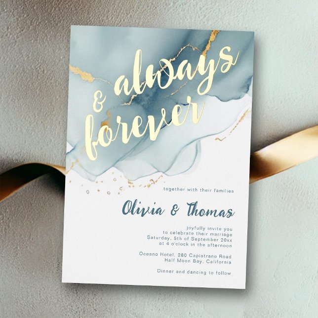 Elegant Always Forever Dusty Blue Beach Wedding Foil Invitation (always forever beach wedding invitation teal gold foil dusty blue elegant bohemian modern romantic)