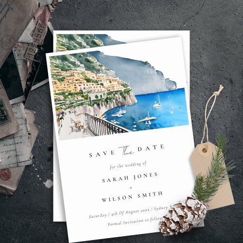 Elegant Amalfi Coast Italy Watercolor Landscape Save The Date