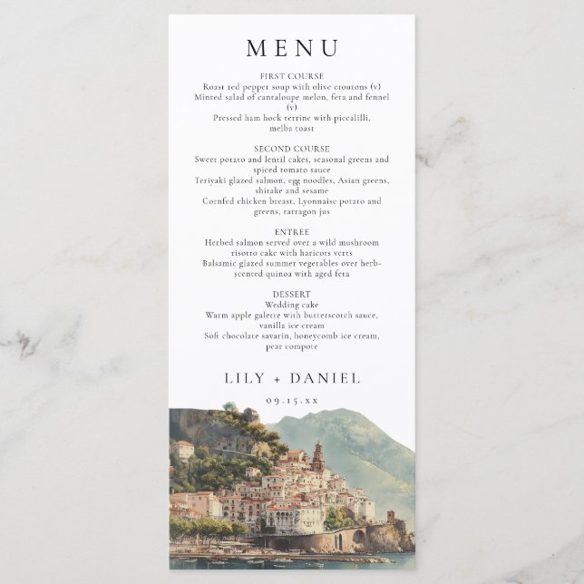 Elegant Amalfi Italian Watercolor Wedding Menu (Front)