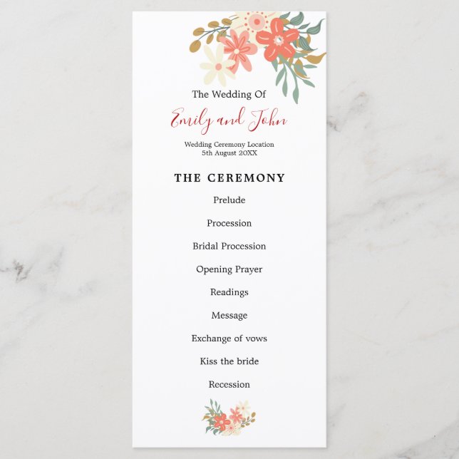 Elegant Ambrose Coral Florals Wedding Program (Front)