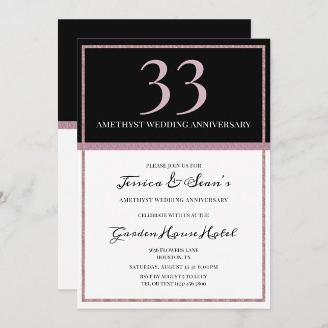 Elegant Amethyst & Black 33rd Wedding Anniversary Invitation (Front/Back)