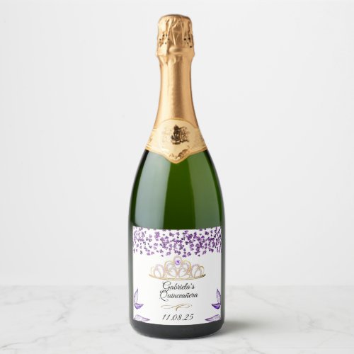 Elegant Amethyst Glitter Tiara Quinceaera Sparkling Wine Label