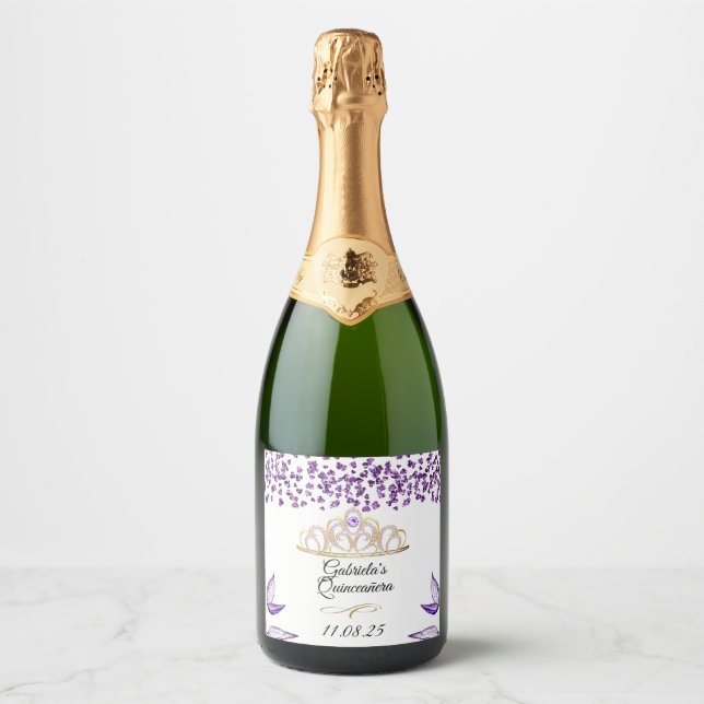 Elegant Amethyst Glitter Tiara Quinceañera Sparkling Wine Label (Front)