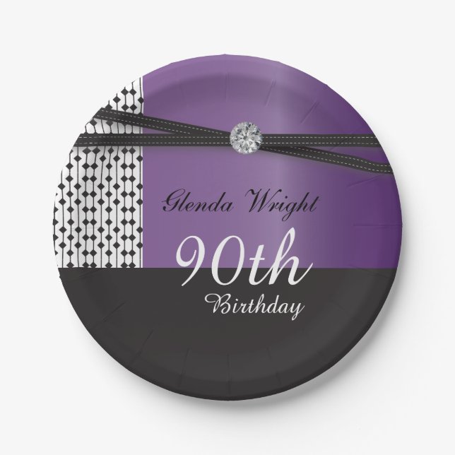 Elegant Amethyst Purple and Black Birthday Paper Plates (Front)