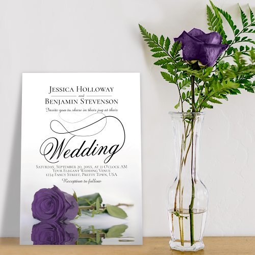 Elegant Amethyst Purple Rose Classy Script Wedding Invitation
