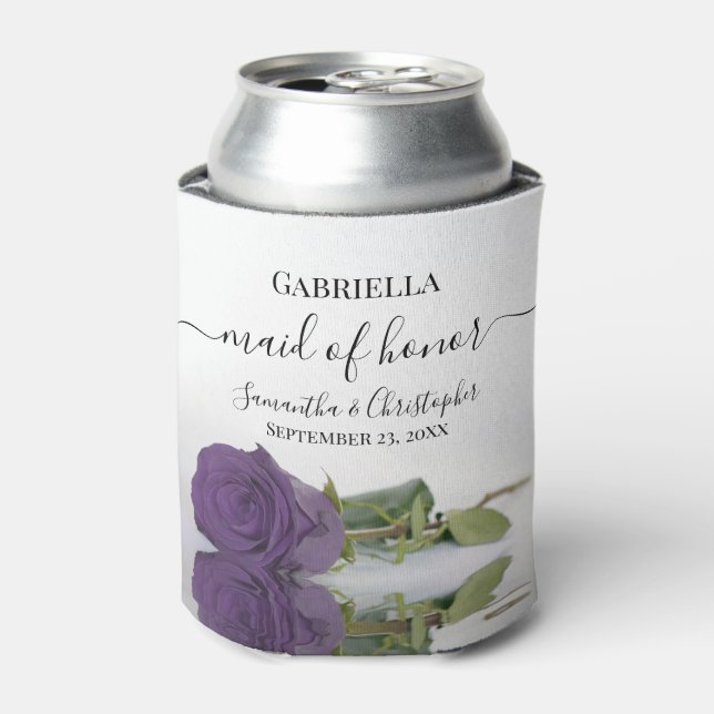 Elegant Amethyst Purple Rose Maid of Honor Wedding Can Cooler (Can Front)