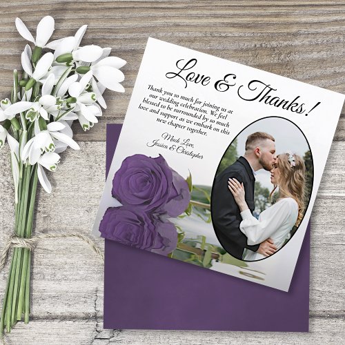 Elegant Amethyst Purple Rose Oval Photo Wedding Thank You Card