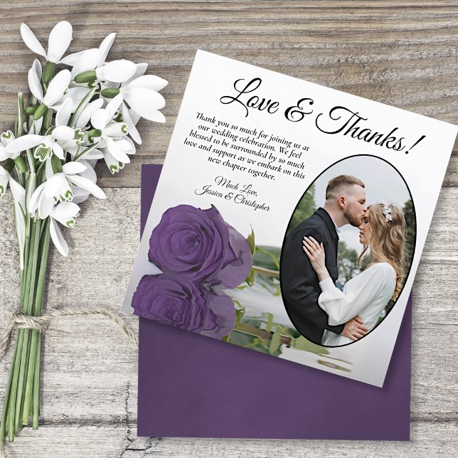 Elegant Amethyst Purple Rose Oval Photo Wedding Thank You Card (Creator Uploaded)
