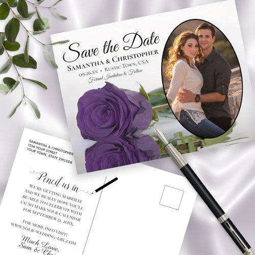Elegant Amethyst Purple Rose Photo Save The Date Announcement Postcard