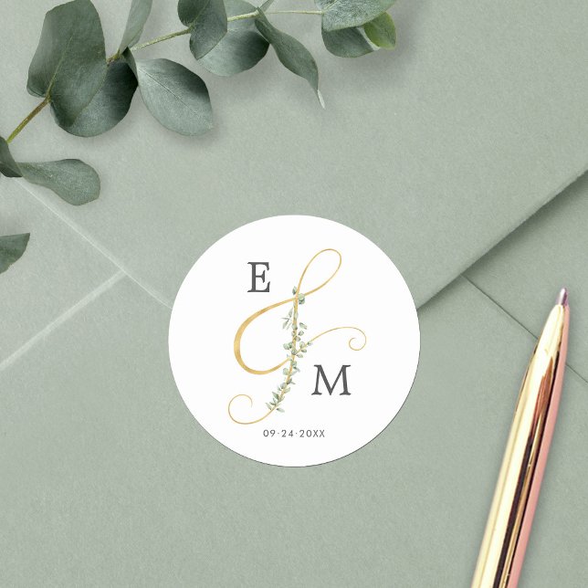 Elegant Ampersand Greenery Monogram Wedding Classic Round Sticker (Creator Uploaded)
