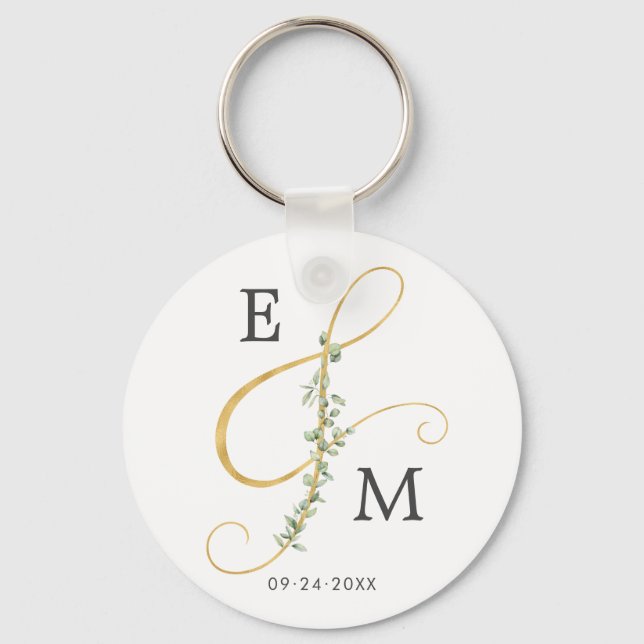 Elegant Ampersand Greenery Monogram Wedding Keychain (Front)