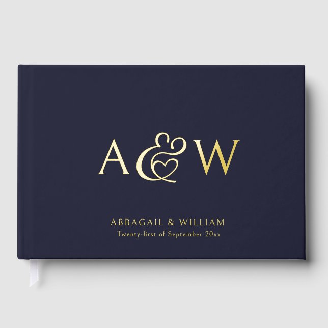 Elegant Ampersand Monogram Gold Navy Blue Wedding Foil Guest Book (Front)
