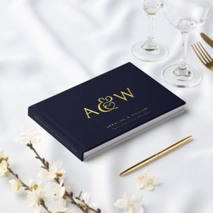 Elegant Ampersand Monogram Gold Navy Blue Wedding Foil Guest Book