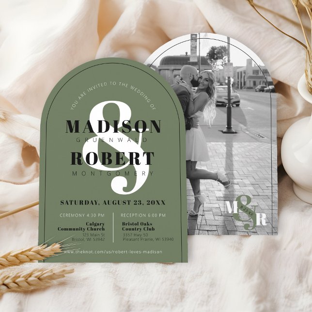Elegant Ampersand Sage Green Photo Arch Wedding Invitation (Modern black and White photo ampersand bold unique sage olive forest green arch wedding invitation)