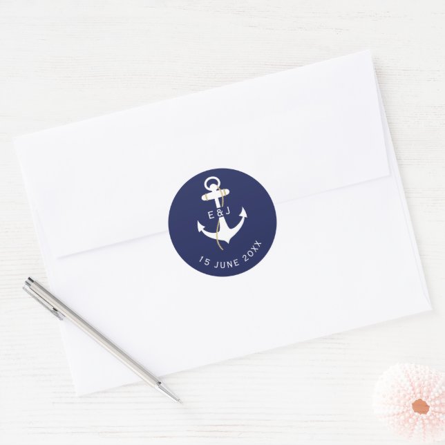 Elegant Anchor Nautical Wedding Initials Classic Round Sticker (Envelope)