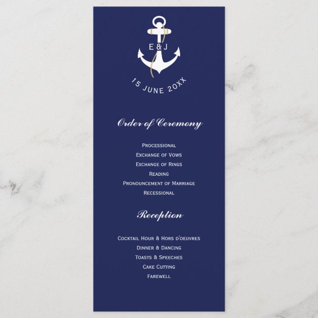 Elegant Anchor Nautical Wedding Initials Program (Front)