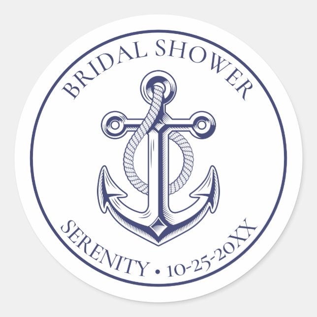 Elegant Anchor Navy Blue Nautical Wedding  Classic Round Sticker (Front)