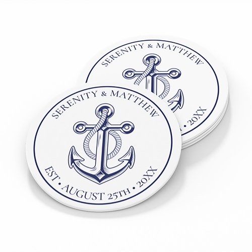 Elegant Anchor Sailor Navy Blue Nautical Wedding Round Paper Coaster